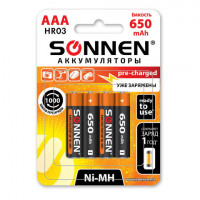 Батарейки аккумуляторные КОМПЛЕКТ 4шт, SONNEN, AAA (HR03), Ni-Mh, 650mAh, в блистере, 455609