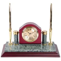 Подставка для двух ручек Delucci с часами, зеленый мрамор/красное дерево