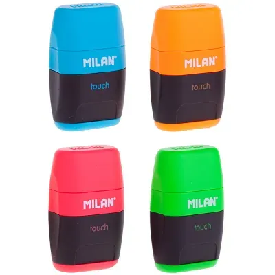 Точилка пластиковая с ластиком Milan "Compact Touch Duo", 2 отверстия, контейнер, ассорти