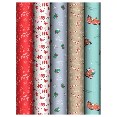 Упаковочная бумага глянц. 70*100см, MESHU "Ho ho", 80г/м2, ассорти 5 дизайнов