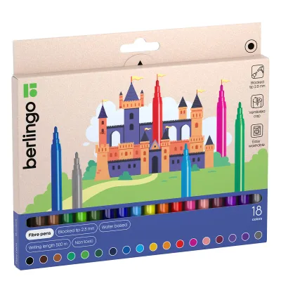 УЦЕНКА - Фломастеры Berlingo "Замки", 18цв., смываемые, картон, европодвес (осн 229416)
