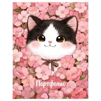 Папка-портфолио 7БЦ А4 BG, на 4 кольцах, для школьницы "Котёнок в цветах", 20 файлов