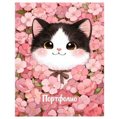 Папка-портфолио 7БЦ А4 BG, на 4 кольцах, для школьницы "Котёнок в цветах", 20 файлов