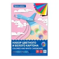 Набор картона БЕЛЫЙ + ЦВЕТНОЙ, A4, немелованный, 30 листов (белый 10 листов + цветной 20 листов, 10 цветов), папка, BRAUBERG, 116422