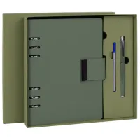 Ежедневник на кольцах в наборе с ручкой А5, 165x229 мм, BRAUBERG "Lux", под кожу, 100 листов, зеленый, 116858