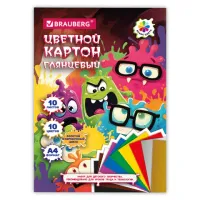 Картон цветной А4 МЕЛОВАННЫЙ ВОЛШЕБНЫЙ 10 листов, 10 цветов, кросс-серия "МОНСТРИКИ", 200х290 мм, BRAUBERG, 116992