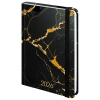 Ежедневник датированный 2026 с резинкой 145х203 мм, А5, BRAUBERG, твердый, фольга, "Черный мрамор", 117338