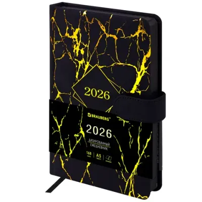 Ежедневник датированный 2026 А5 138x213 мм, BRAUBERG "Goldy", под кожу, цветной срез, черный, 117470