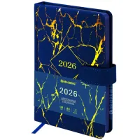 Ежедневник датированный 2026 А5 138x213 мм, BRAUBERG "Goldy", под кожу, цветной срез, синий, 117472