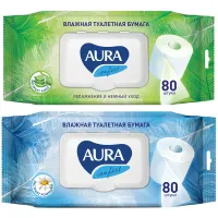 Бумага туалетная влажная 80 шт., AURA "Ultra Comfort" с пластиковым клапаном, 14055