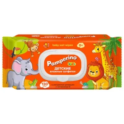 Салфетки влажные детские 130 шт., PAMPERINO, с экстрактом ромашки и витамином Е, крышка-клапан, 72954