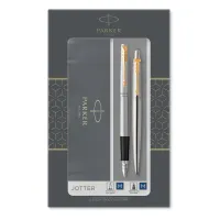 Набор PARKER "Jotter Stainless Steel GT": шариковая ручка синяя и перьевая ручка, 2093257