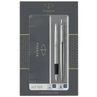 Набор PARKER "Jotter Stainless Steel GT": шариковая ручка синяя и перьевая ручка синяя, 2093258
