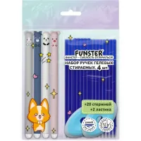 Ручки гелевые стираемые FUNSTER (ФАНСТЕР) "CUTE ANIMALS", СИНИЕ, НАБОР 4 ШТ., 20 стержней, 2 ластика, узел 0,5 мм, линия 0,35 мм, 144436