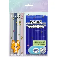 Ручки гелевые стираемые FUNSTER (ФАНСТЕР) "CUTE ANIMALS", СИНИЕ, НАБОР 4 ШТ., 50 стержней, 1 ластик, узел 0,5 мм, линия 0,35 мм, 144437