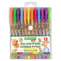 Ручки гелевые НЕОНОВЫЕ BRAUBERG KIDS "CUTE ANIMALS", НАБОР 12 ЦВЕТОВ, корпус с печатью, узел 1 мм, линия письма 0,7 мм, 144444