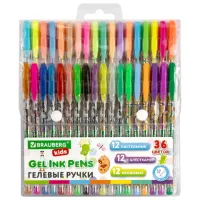 Ручки гелевые BRAUBERG KIDS "CUTE ANIMALS", НАБОР 36 ЦВЕТОВ, корпус с печатью, узел 1 мм, линия письма 0,7 мм, 144448