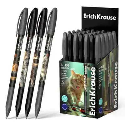 Ручка шариковая масляная ERICH KRAUSE U-108 "Stick Big City Cats", СИНЯЯ, узел 1 мм, линия 0,5 мм, 63103