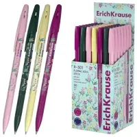 Ручка шариковая ERICH KRAUSE "R-301 Stick Floral" СИНЯЯ, синяя, корпус ассорти, линия 0,35 мм, 63077