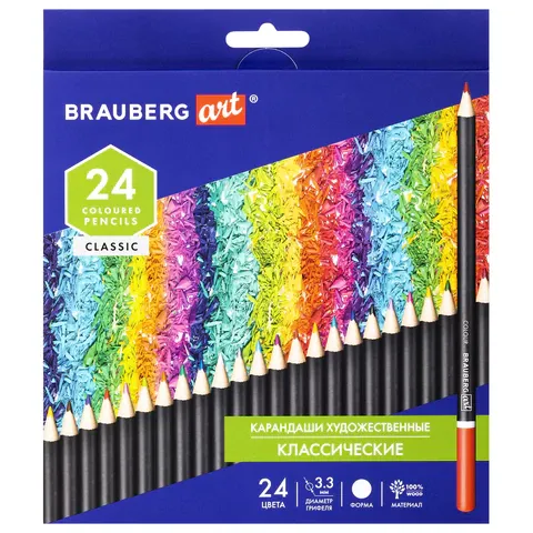 Фото товара «Карандаши художественные цветные BRAUBERG ART CLASSIC, 24 цвета, МЯГКИЙ грифель 3,3 мм, 181537»