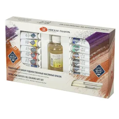 Краски масляные художественные "Мастер класс", 12 цветов по 18 мл + масло льняное 120 мл + 2 кисти, Невская Палитра, 1141965