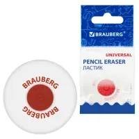 Ластик BRAUBERG "Universal", 30х30х8 мм, белый, круглый, красный пластиковый держатель, 222472