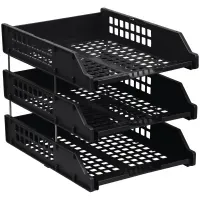 Лотки горизонтальные для бумаг, НАБОР 3 шт. (340х260х240 мм), на металлических стержнях, черные, "Strong", ЛТГ-63795