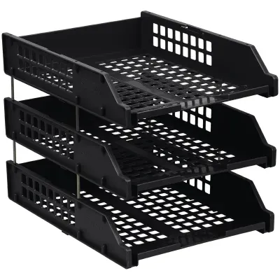 Лотки горизонтальные для бумаг, НАБОР 3 шт. (340х260х240 мм), на металлических стержнях, черные, "Strong", ЛТГ-63795