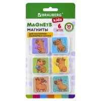 Магниты квадратные стеклянные 35 мм для досок магнитно-маркерных, НАБОР 6 шт., "Капибара", BRAUBERG KIDS, блистер, 272513