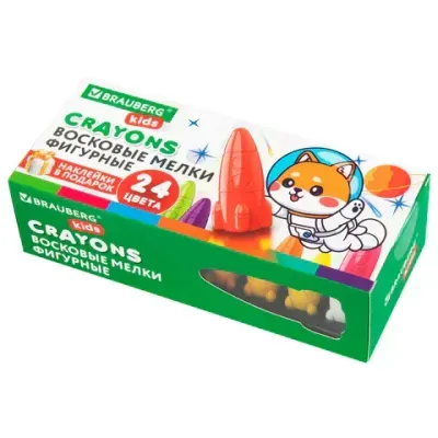 Восковые мелки фигурные BRAUBERG KIDS "РАКЕТА", НАБОР 24 цвета + НАКЛЕЙКИ В ПОДАРОК, 273083