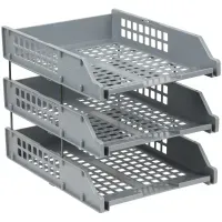 Лотки горизонтальные для бумаг, НАБОР 3 шт. (340х260х240 мм), на металлических стержнях, серые, "Strong", ЛТГ-63794