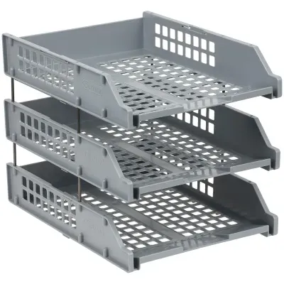 Лотки горизонтальные для бумаг, НАБОР 3 шт. (340х260х240 мм), на металлических стержнях, серые, "Strong", ЛТГ-63794