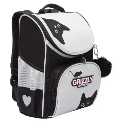 Ранец GRIZZLY анатомическая спинка, с мешком для обуви, для девочек, "BLACKY", серый, 33х25х13 см, RAm-584-1/2