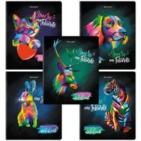 Тетрадь А5, 48 л., BRAUBERG, скоба, клетка, матовая ламинация, выборочный лак, "Animals Pop-Art" (микс в спайке), 404374