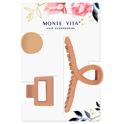 Крабы для волос НАБОР 3 шт., 4 см / 5 см / 11 см, soft touch, коричневый, MONTE VITA (МОНТЕ ВИТА), 457031