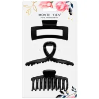 Крабы для волос НАБОР 3 шт., 8,5 см / 8,5 см / 11 см, матовый, чёрный, MONTE VITA (МОНТЕ ВИТА), 457032