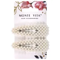 Заколки для волос НАБОР 2 шт., 7,5х2,5 см, клик-клак, с жемчужинами, белый, MONTE VITA (МОНТЕ ВИТА), 457099