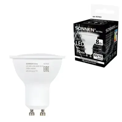 Лампа светодиодная SONNEN EXTRA, 8 (70) Вт, GU10, софит, нейтральный белый, 30000 ч, LED MR16-GU10-8W-4000, 457923