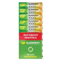Батарейки аккумуляторные GP ReEnergy Ni-Mh мизинчиковые КОМПЛЕКТ 10 шт., ААА (HR03), 950 mAh, 100AAAHCRGY, 100AAAHC-CRB10