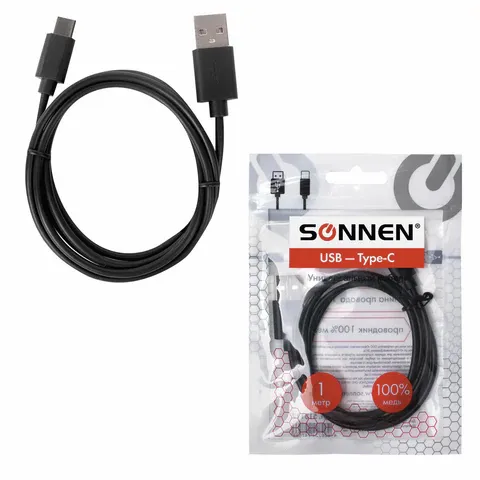 Фото товара «Кабель USB 2.0 – Type-C, 1 м, SONNEN, медь, для передачи данных и зарядки, черный, 513117»