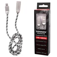 Кабель USB 2.0 – Lightning, 1 м, SONNEN Premium, медь, для передачи данных и зарядки, 513126