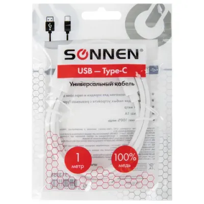 Кабель USB2.0 – Type-C, 1 м, SONNEN, медь, для передачи данных и зарядки, белый, 513558