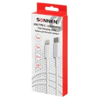Кабель USB Type-C-Lightning с поддержкой быстрой зарядки, белый, 1 м, SONNEN, медный, 513612