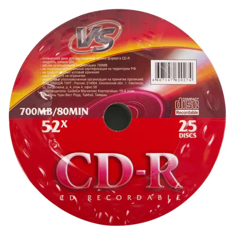 Фото товара «Диск CD-R VS, 700 Мб, 52x, Bulk (термоусадка без шпиля), КОМПЛЕКТ 25 шт., VSCDRSH2501»