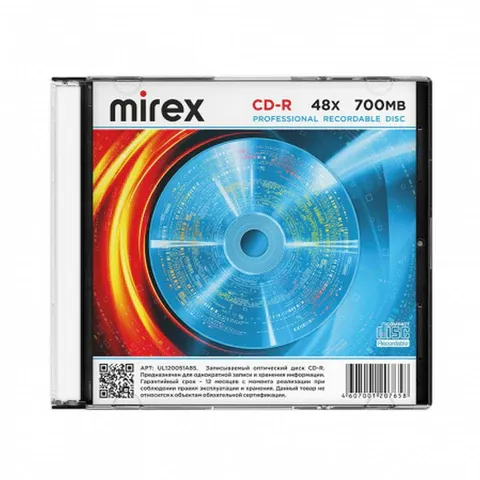 Фото товара «Диск CD-R MIREX, 700 Мб, 48x, Slim Case, 1 штука, UL120051A8S»