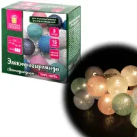 Электрогирлянда-нить комнатная "Cotton Balls" 3 м, 15 LED, теплый белый, на батарейках, ЗОЛОТАЯ СКАЗКА, 591729