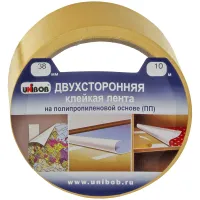 Клейкая двухсторонняя лента 38 мм х 10 м, ПОЛИПРОПИЛЕНОВАЯ ОСНОВА, UNIBOB, 38566