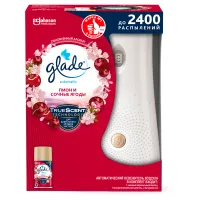 Освежитель воздуха автоматический, 269 мл, GLADE, диспенсер+сменный баллон, "Пион и сочные ягоды"