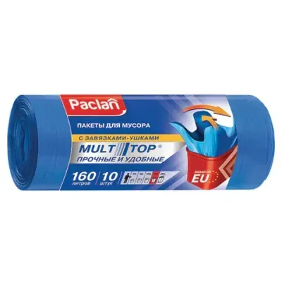 Мешки для мусора 160 л, с ушками, синие, рулон 10 шт., ПВД, 30 мкм, 90х125 см, PACLAN "Multitop", 134442