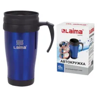 Автокружка 400 мл, термостакан с ручкой, винтовая крышка-клапан, пластик/сталь, синяя, LAIMA, 605128.